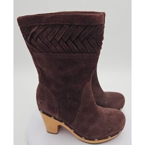 UGG Annaliza Brown Leather Suede Woven Boots‎ Clog Studded Wood Heels W/5 EU/36